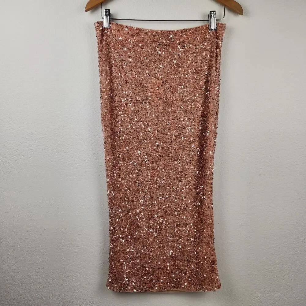 Retrofete Lowe Sequin Beaded Skirt in Dusty Peach Midi Size Small - Picture 2 of 9